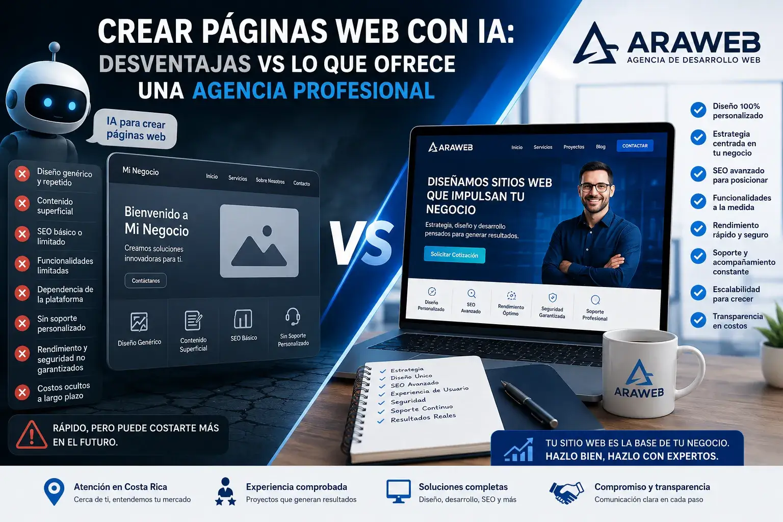 Crear páginas web con IA frente al desarrollo web profesional de AraWeb CR.